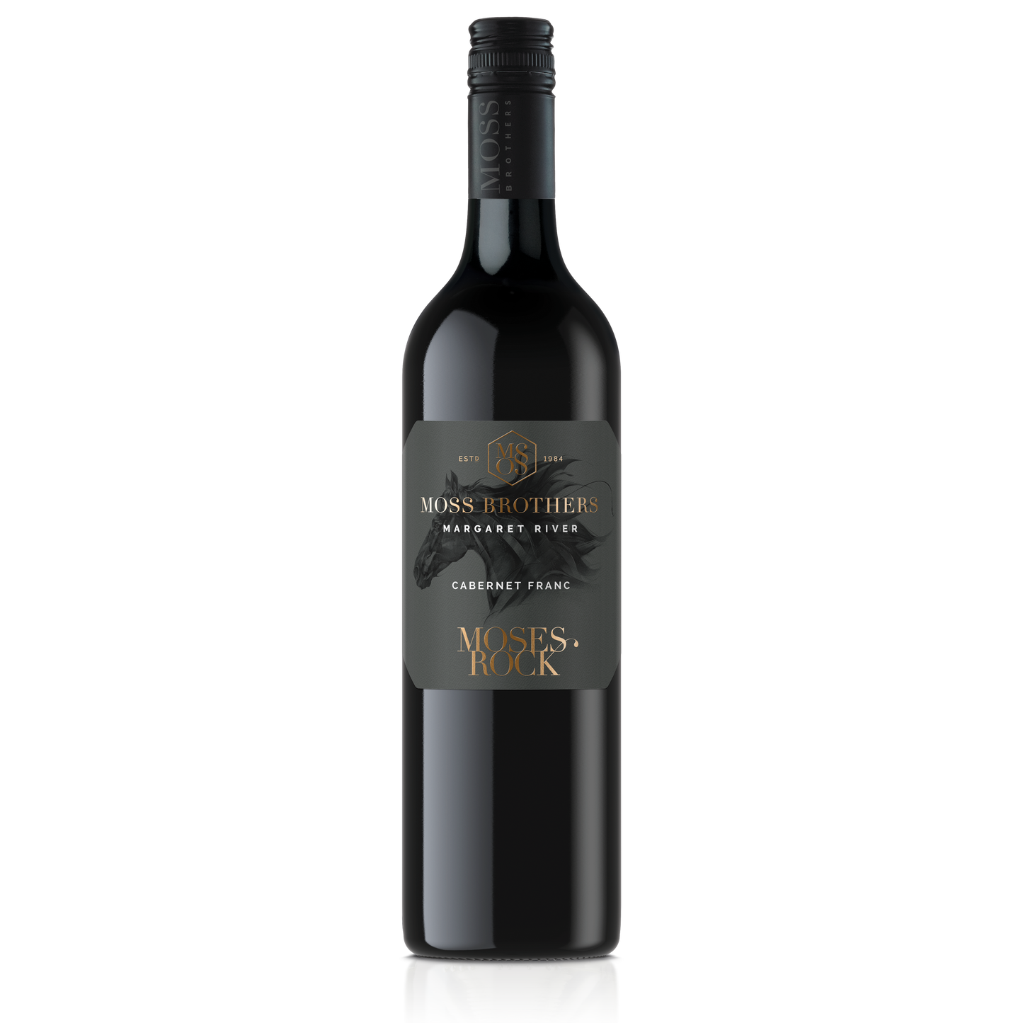 A Cabernet Franc Blanc bottle from Margaret River with a black cap and charcoal label with beautiful horse illustration and gold lettering of Moses Rock for Moss Brothers wines