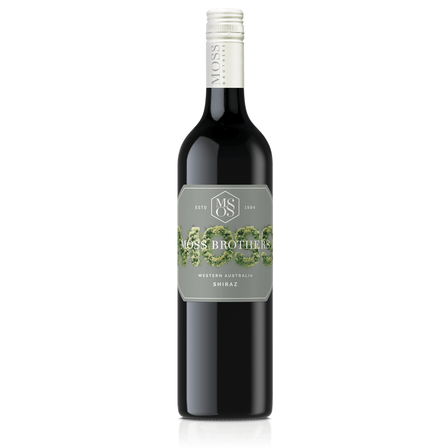A Shiraz bottle from Margaret River with a white cap and cool grey label with beautiful Moss illustration for Moss Brothers wines