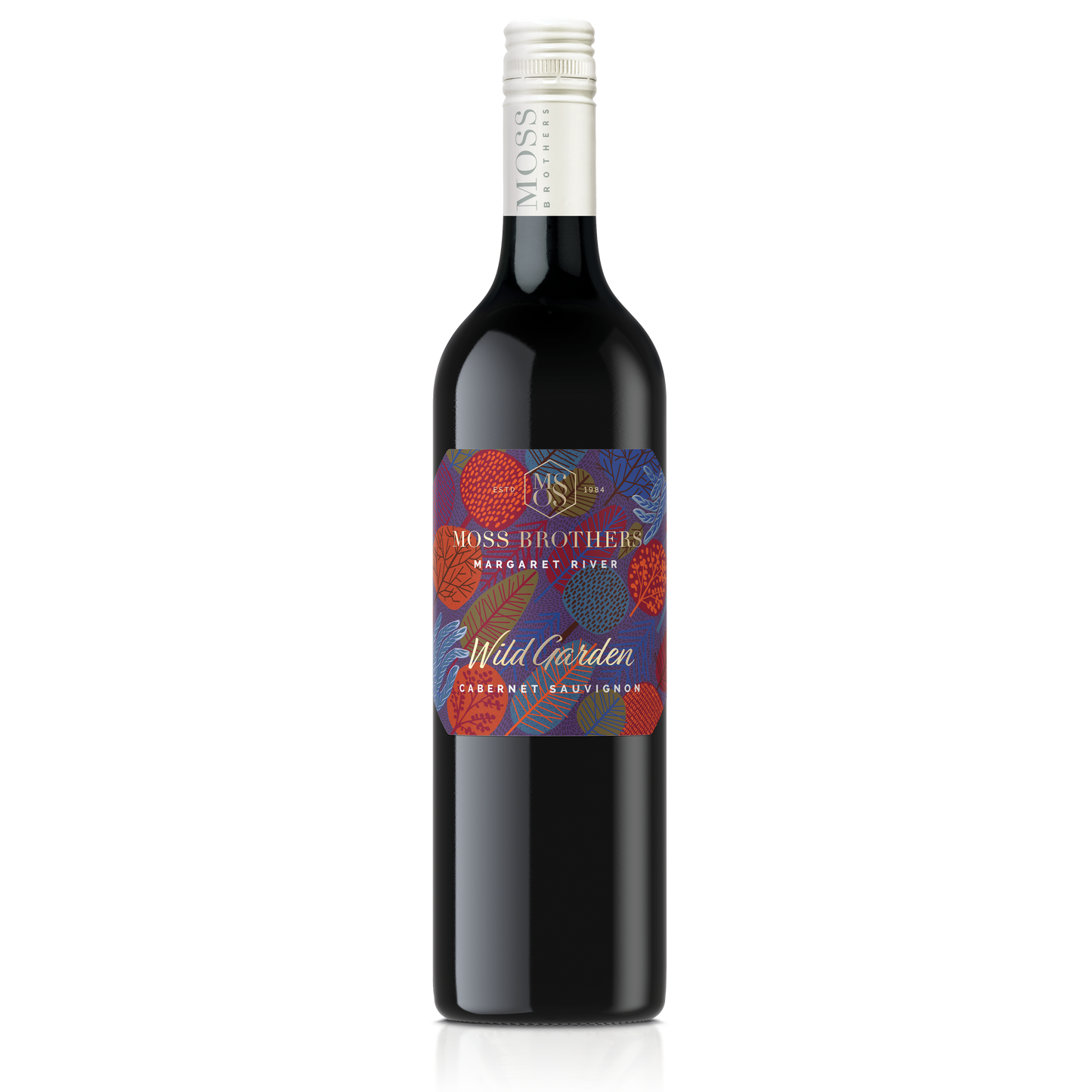 A Cabernet Sauvignon bottle from Margaret River with a white cap and colourful red and purple label with beautiful organic leaf illustration and gold lettering of Wild Garden for Moss Brothers wines