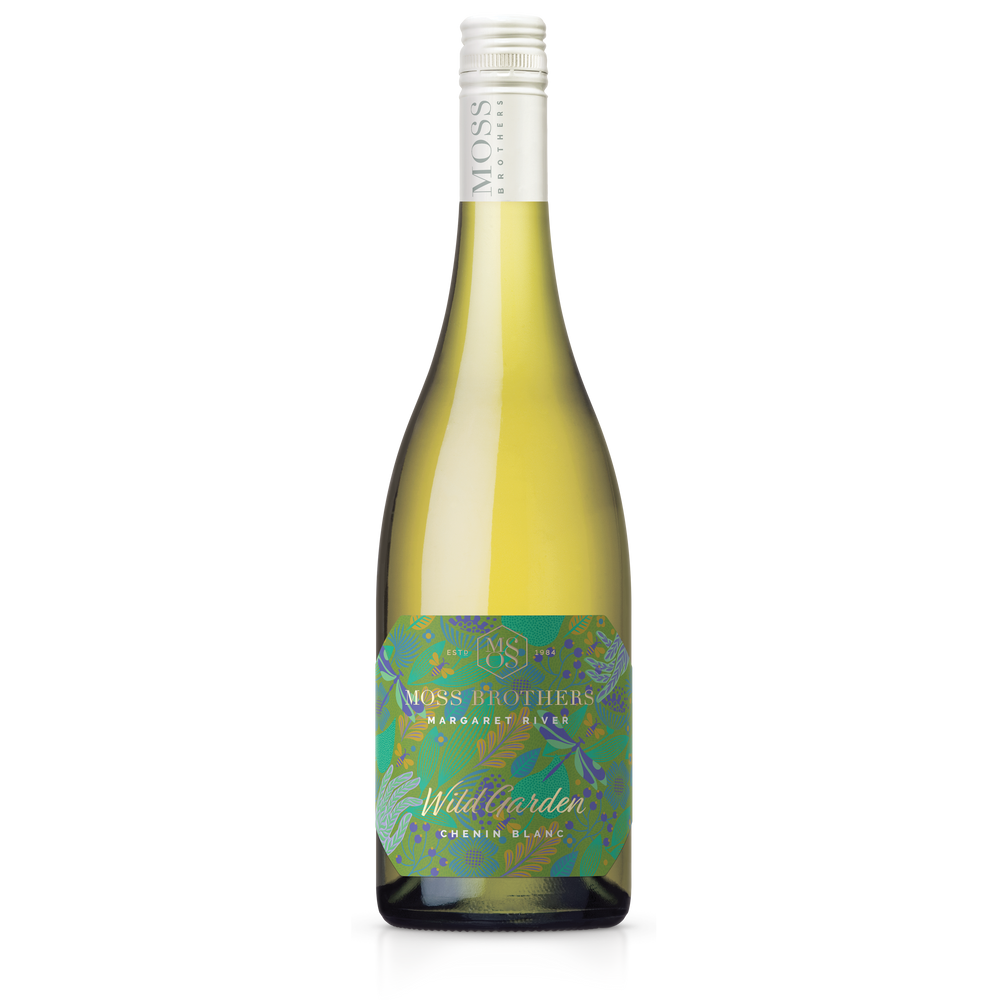 A Chenin Blanc bottle from Margaret River with a white cap and colourful green label with beautiful organic leaf illustration and gold lettering of Wild Garden for Moss Brothers wines