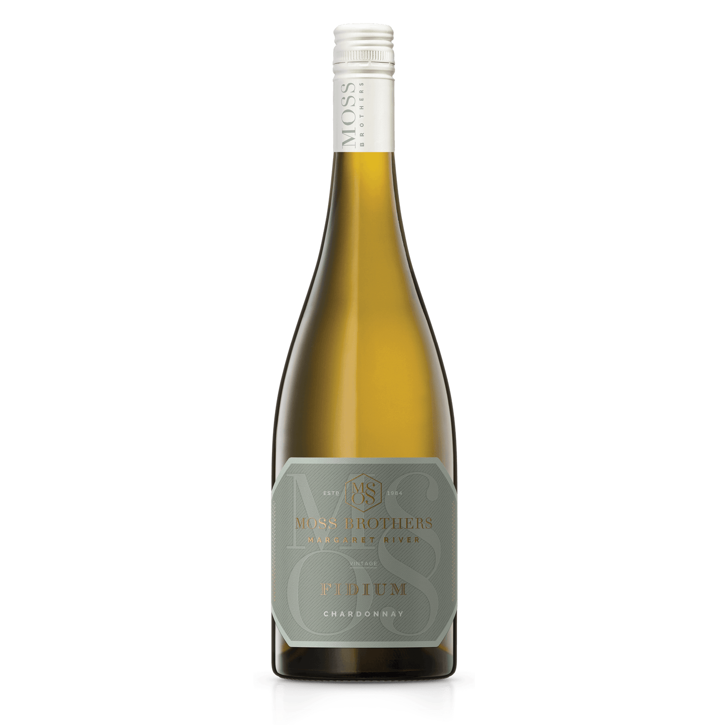 A Chardonnay bottle from Margaret River with a white cap and sage green label with beautiful foiled writing of Fidium in gold for Moss Brothers wines