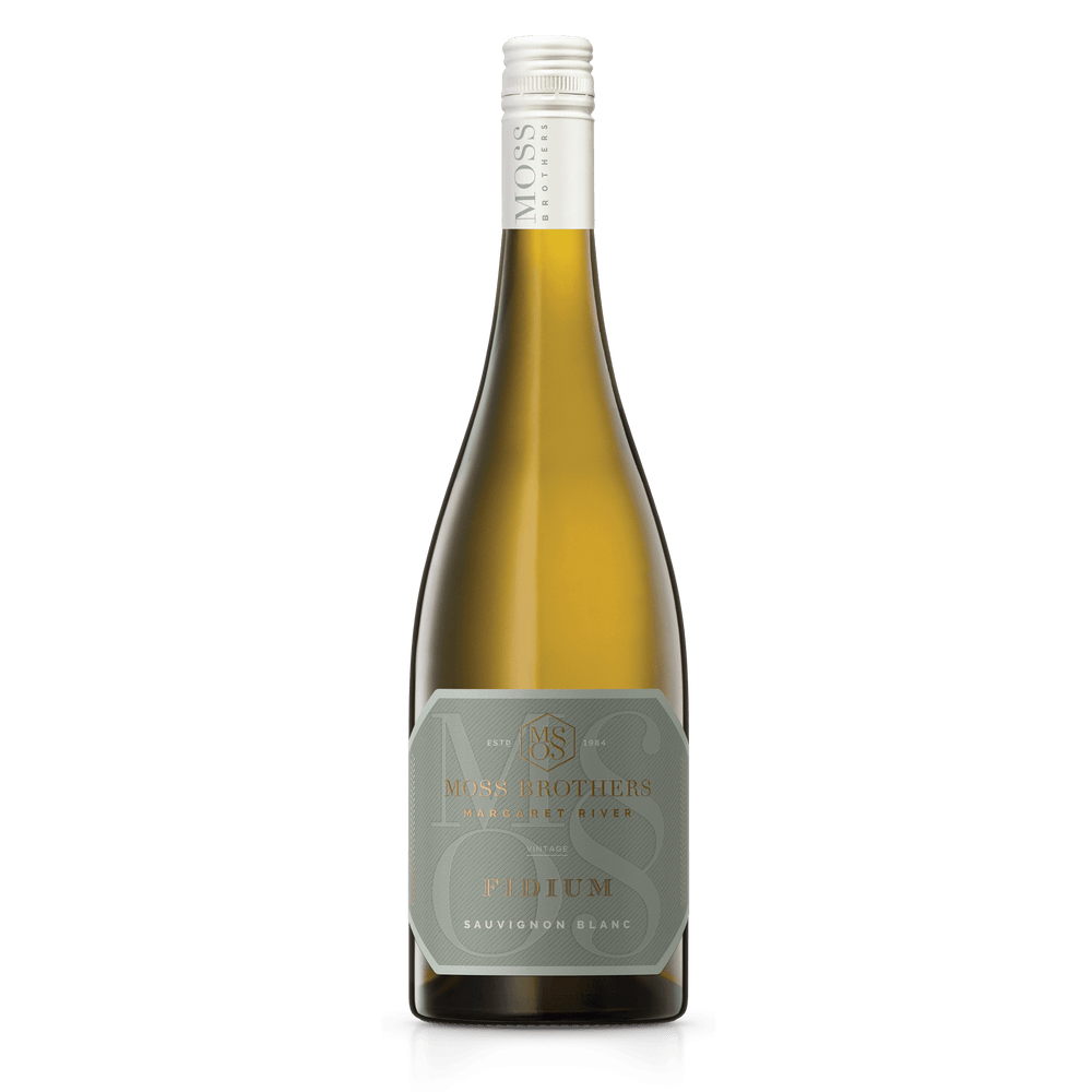 A Sauvignon Blanc bottle from Margaret River with a white cap and sage green label with beautiful foiled writing of Fidium in gold for Moss Brothers wines