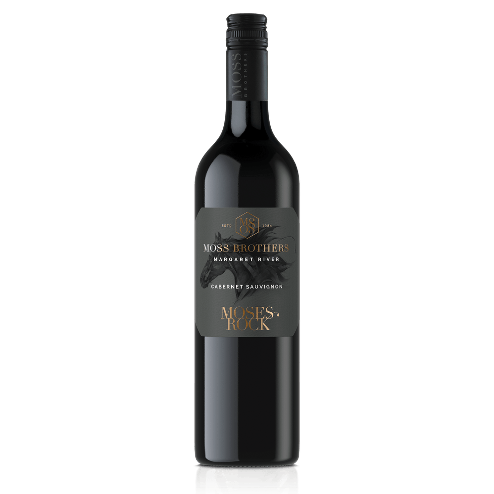 A Cabernet Sauvignon Blanc bottle from Margaret River with a black cap and charcoal label with beautiful horse illustration and gold lettering of Moses Rock for Moss Brothers wines