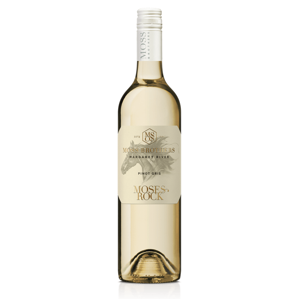 A Pinot Gris bottle from Margaret River with a white cap and pale yellow label with beautiful horse illustration and gold lettering of Moses Rock for Moss Brothers wines