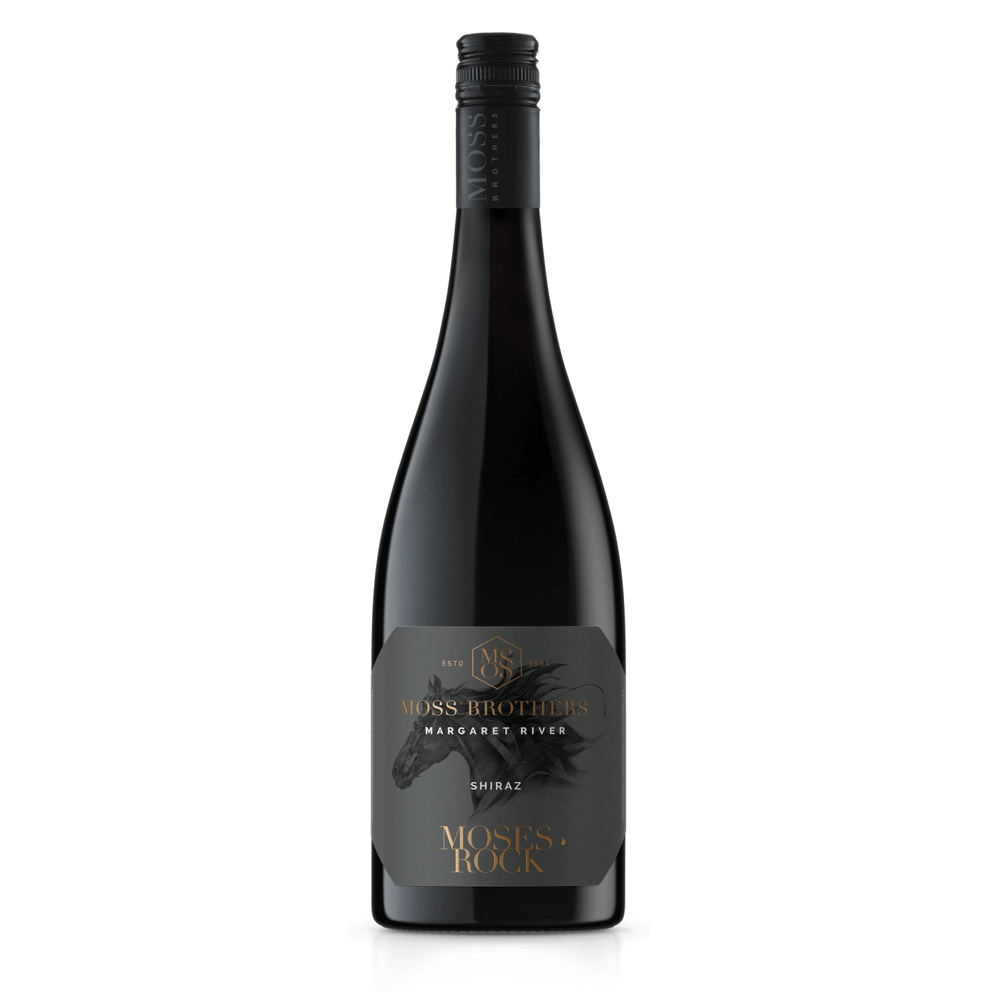 A Shiraz Blanc bottle from Margaret River with a black cap and charcoal label with beautiful horse illustration and gold lettering of Moses Rock for Moss Brothers wines