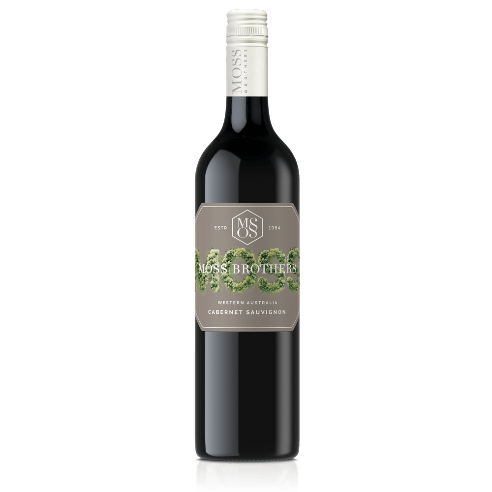 A Cabernet Sauvignon bottle from Margaret River with a white cap and warm grey label with beautiful Moss illustration for Moss Brothers wines