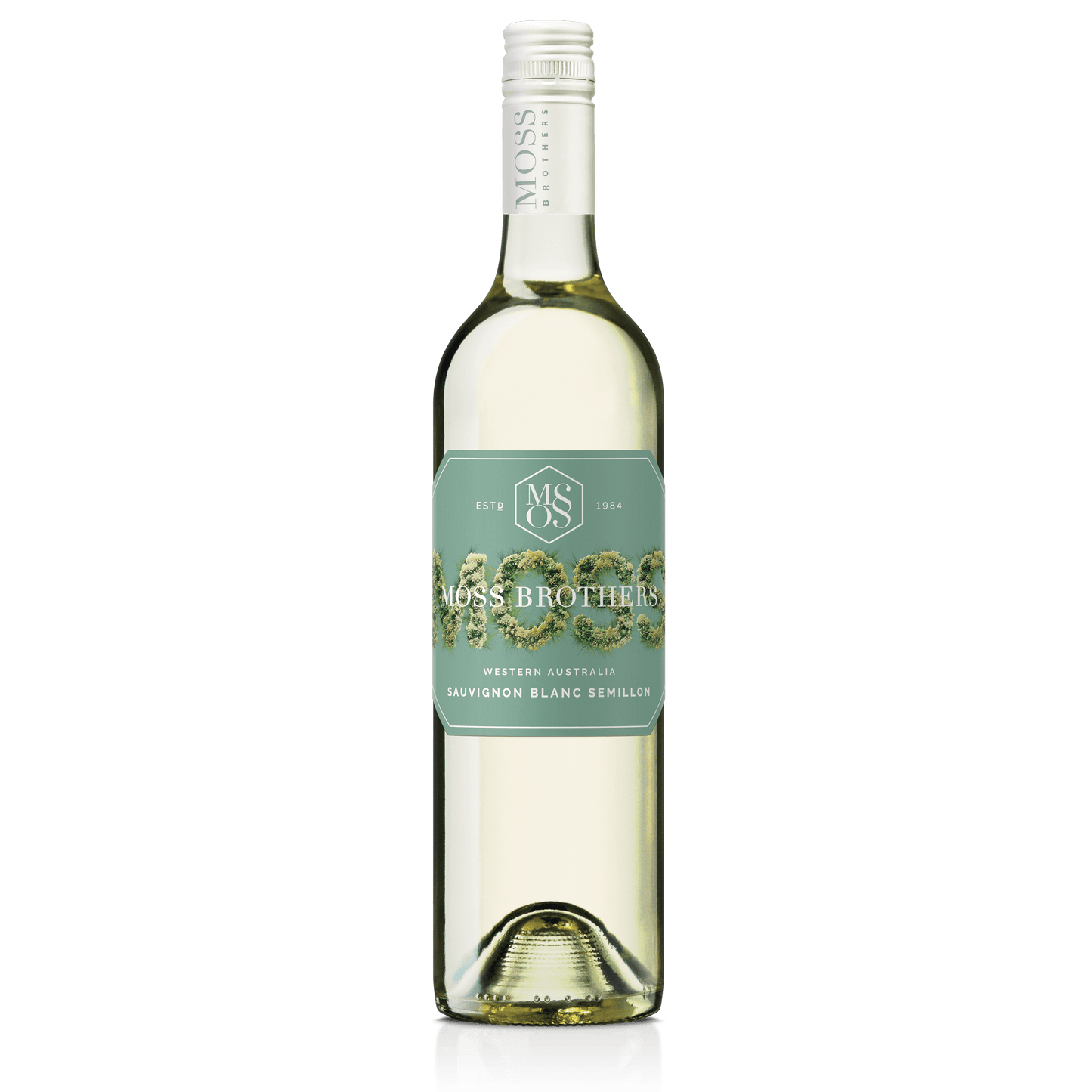 A Sauvignon Blanc Semillon bottle from Margaret River with a white cap and sage green label with beautiful Moss illustration for Moss Brothers wines
